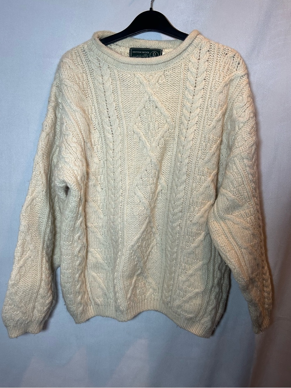British Wool Naturally Chunky Cable Knit Fisherman Sweater Cream Ivory Size L